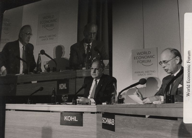 West German Chancellor Helmut Kohl with World Economic Forum founder Klaus Schwab in 1990.