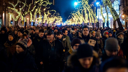 One of Budapests main thoroughfares full of protesters Image