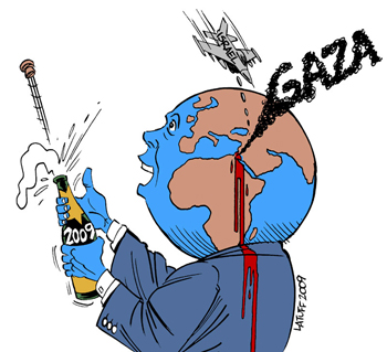 No Happy New Year for the people in Gaza (drawing by Latuff)