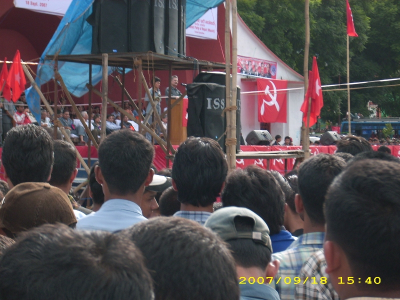 Dr. Bhattarai speaking to a mass rally in September 2007. Photo by Kamred Hulaki.