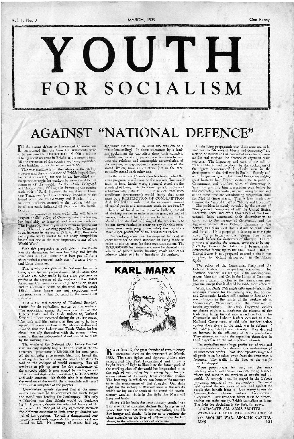 Youth For Socialism, March 1939, carrying the lead article <em>Against "national defence"</em> by Ted Grant