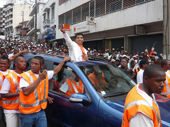 Opposition leader, Andre Rajoelina, during an anti-government protest in Antananarivo. Photo by IRIN.