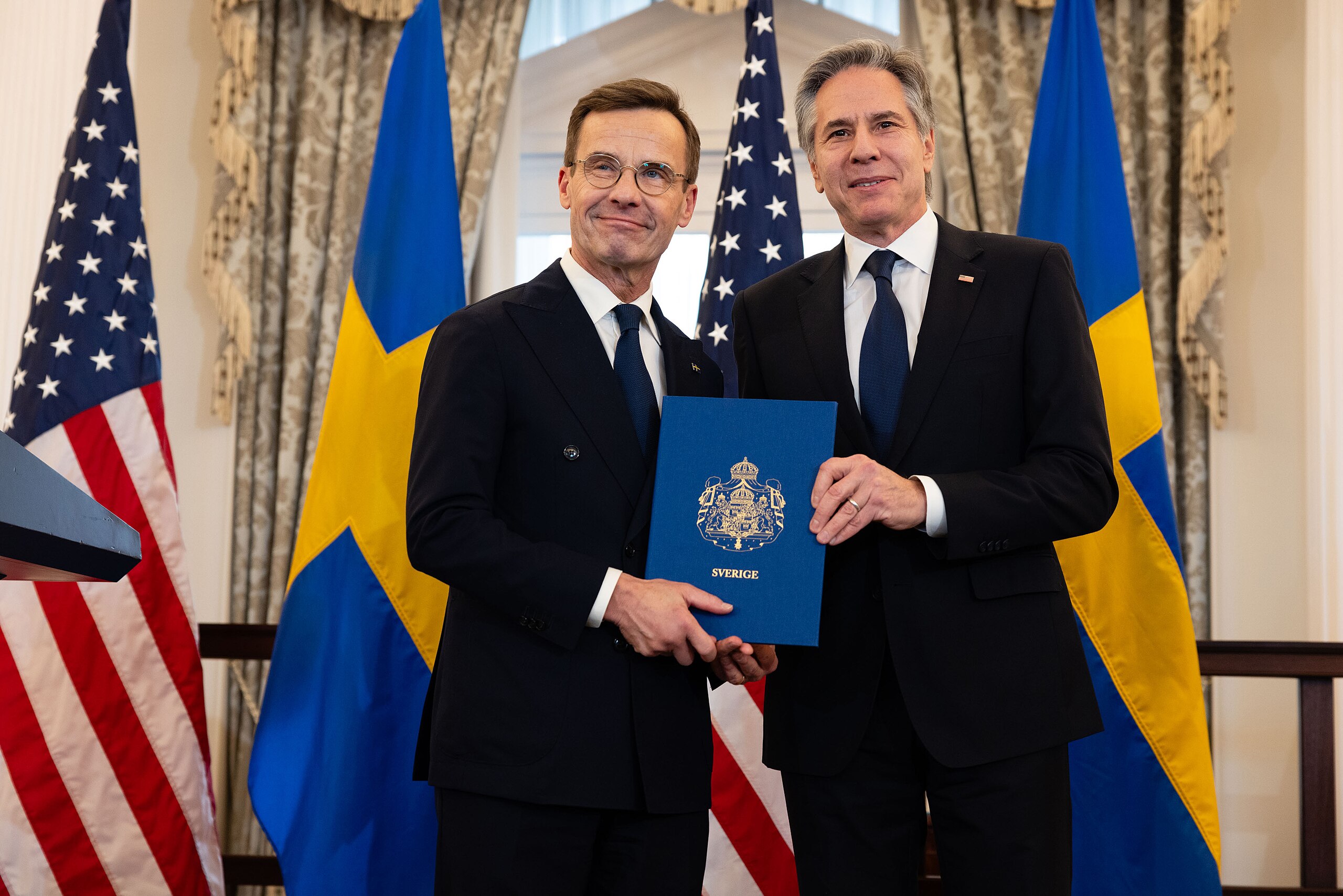 Secretary of State Antony J. Blinken, with Swedish Prime Minister Ulf Kristersson during the NATO ratification ceremony at the Department of State in Washington, D.C., as Sweden formally joins the North Atlantic alliance, on March 7, 2024. (Official State Department Photo by Chuck Kennedy)