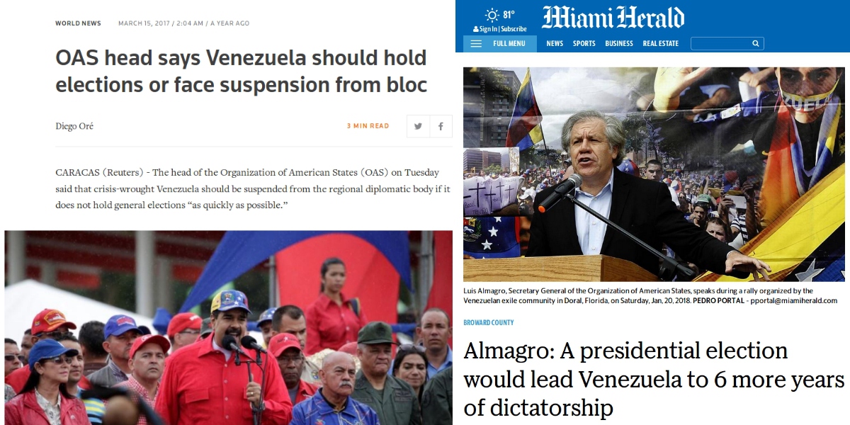 OAS Secretary General Luis Almagros shifting opinions on the need for elections Image left Reuters peice on March 15 2017 right Miami Herald piece on January 20 2018